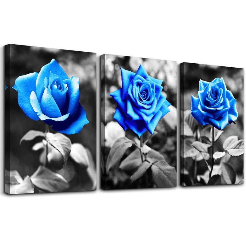 TTHYUEWS bedroom Wall Art for living room bathroom Wall Decor for kitchen family pictures artwork Black and white Blue rose flowers Canvas paintings 16" x 24" 3 Pieces framed Modern office Home decorations - Image 1